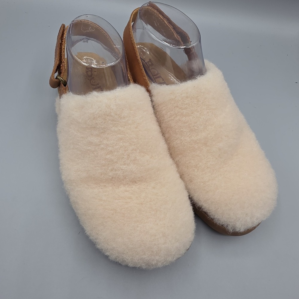 Born Kat Clogs Womens 7 Ivory Tan Shearling Leather Sling Back Comfort Cozy - Picture 2 of 13